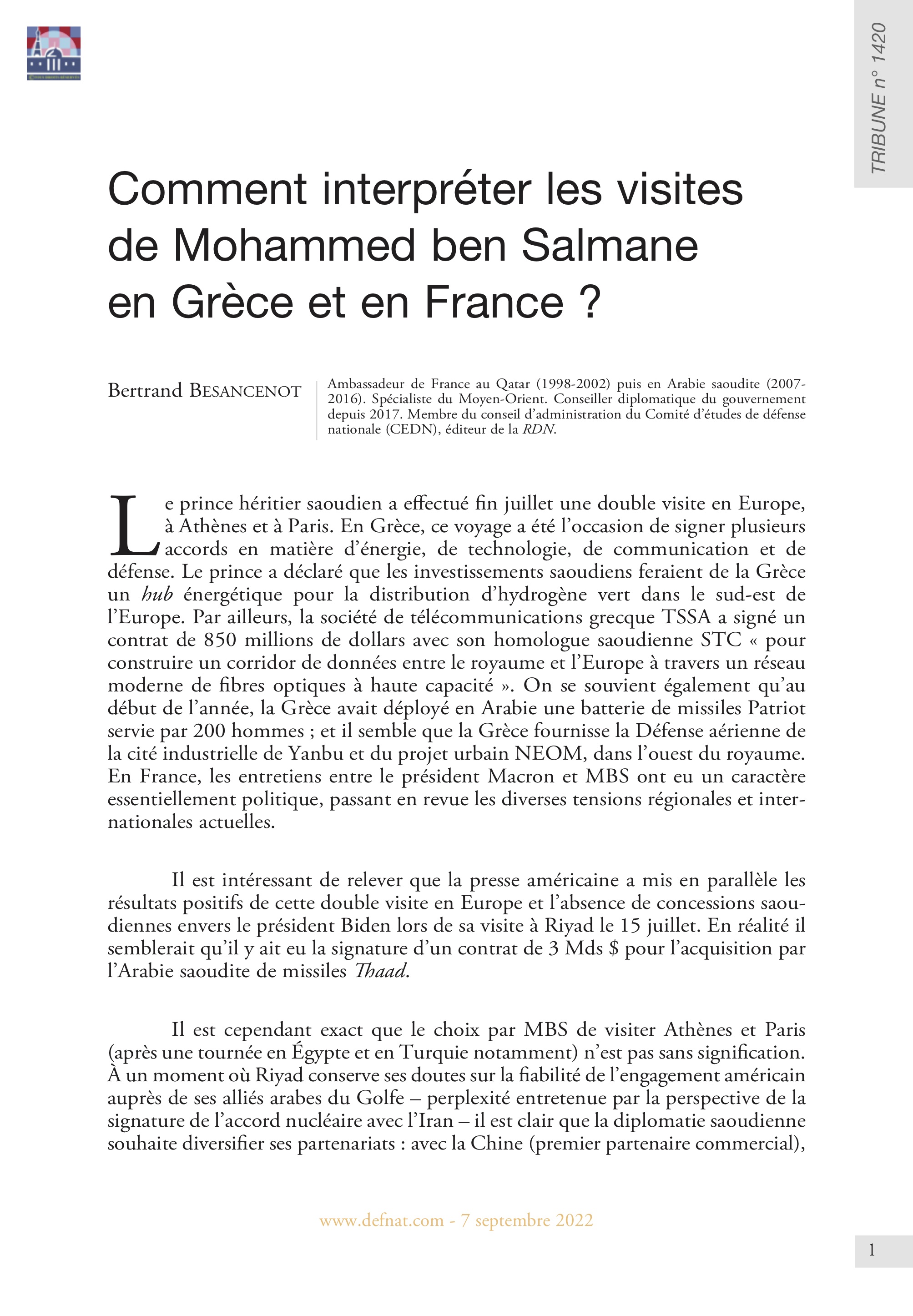 Comment interpréter les visites de Mohammed ben Salmane en Grèce et en France ? (T 1420)

